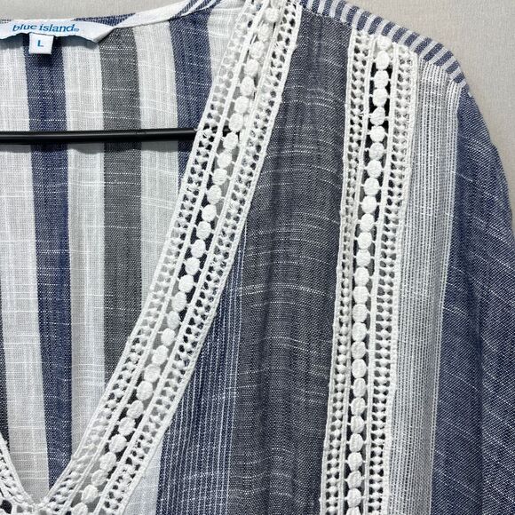 Blue Island Striped Crochet Trim Tassel Caftan Swim Cover Up Dress Coastal Large - Picture 3 of 12